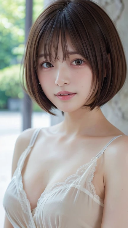 ( bob cut hair:1.2),( nightgown:1.2),1 girl, Japanese, 28 years old ,(small breasts:1.3),(Best Quality,masterpiece:1.3,super A high resolution,),(Ultra High Resolution,caustics),(Photorealistic:1.4,RAW shooting,)super realistic capture,very well detailed, ...