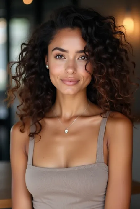 Realistic photo of a woman between 21 and 25 years old with long and curly hair (not frizzy ). She has a sophisticated and professional appearance, transmitting trust and receptivity. She wears an elegant tank top with a square neckline and wears delicate ...