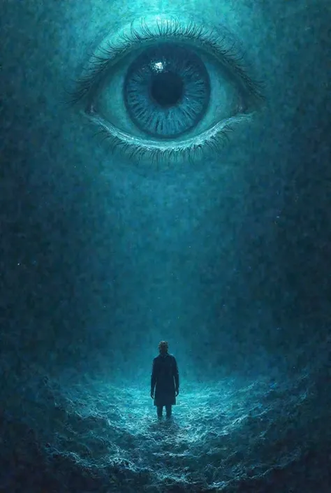 1- (In the foreground) a person who sinks in the depths of the ocean and a gigantic eye that observes it. ( in the background ). The dominant color is dark fluorescent blue and black.