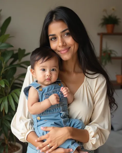 A woman is holding a baby close. The woman is medium skin tone pakistani looking , appears to be in her  30s, and has long straight black  hair open. She is wearing a cream-colored,  top with puffed sleeves and light blue jeans. Her facial expression is lo...