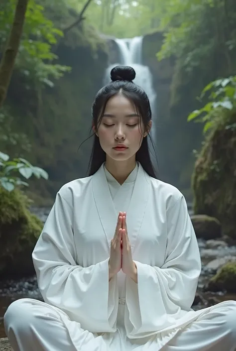 Asian nun black hair in a bun, wearing all white, meditating sitting in a forest with fairy in the background waterfall. Nun face is beautiful diamond shape gape, her eyes closed, lip is even sharp chin