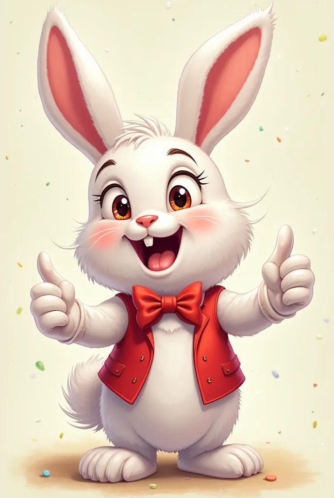 The White Easter White Rabbit Valentín was known for his energy and his big smile. he wears a classic red vest and bow tie. He is celebrating usings his thumbs up
