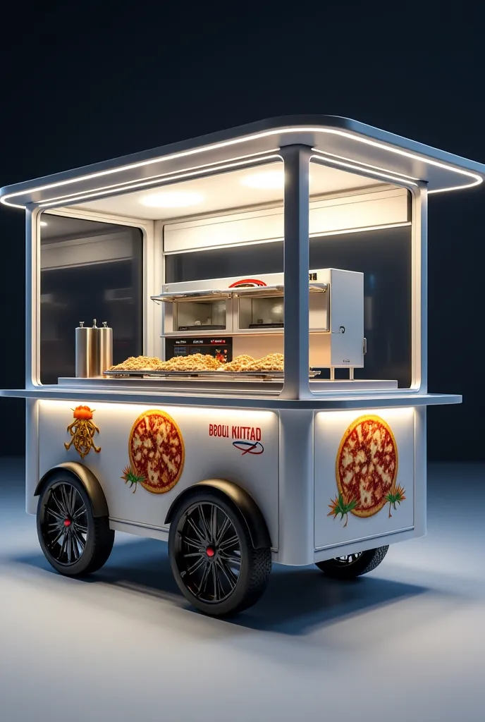 **“A modern, minimalistic metal food cart inspired by the reference image, featuring four sturdy wheels for easy mobility. The front face is a large glass panel for clear visibility, with a top section reserved for a brand logo and integrated LED lighting....