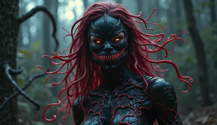 A female symbiote creature in a dark forest at night, ultra-realistic, terrifyingly beautiful. Her body is covered in organic red and black symbiote tendrils, glossy and sinewy. Her face is masked like Venom/Carnage, with razor-sharp teeth and an elongated...