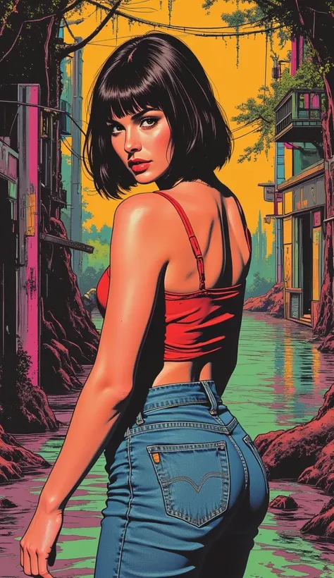 simple 70s cover , a comic, oversaturated printing colors, stuck in a mud swamp ,  PVC bra ,  jeans , bob square,   turns around,  attention-grabbing ,  red bold lip accent ,  jeans левис