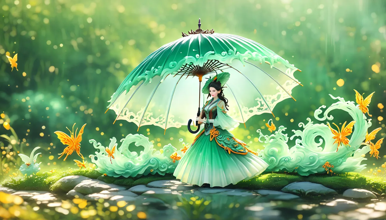 best quality, very good, 16K, ridiculous, Very detailed, charming(((Person holding an umbrella1.3)))，Made of translucent jadeite, Background grassland（（A masterpiece full of fantasy elements）））， （（best quality））， （（Intricate details））（8K）