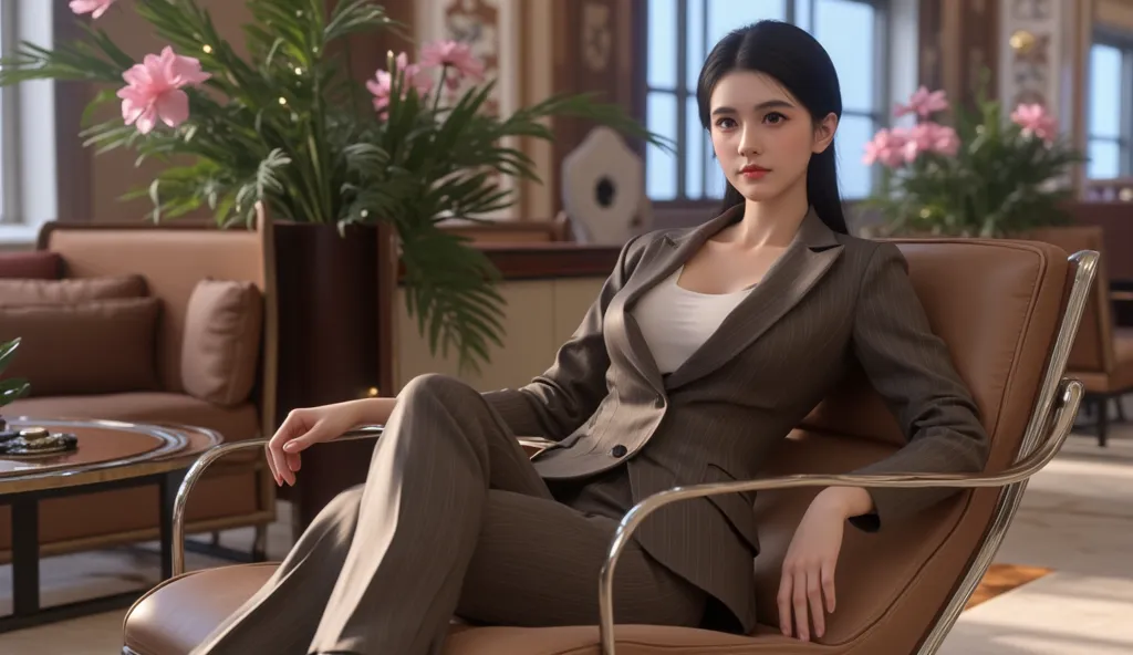 A Japanese woman in a chic outfit sitting on a chair in a luxury hotel