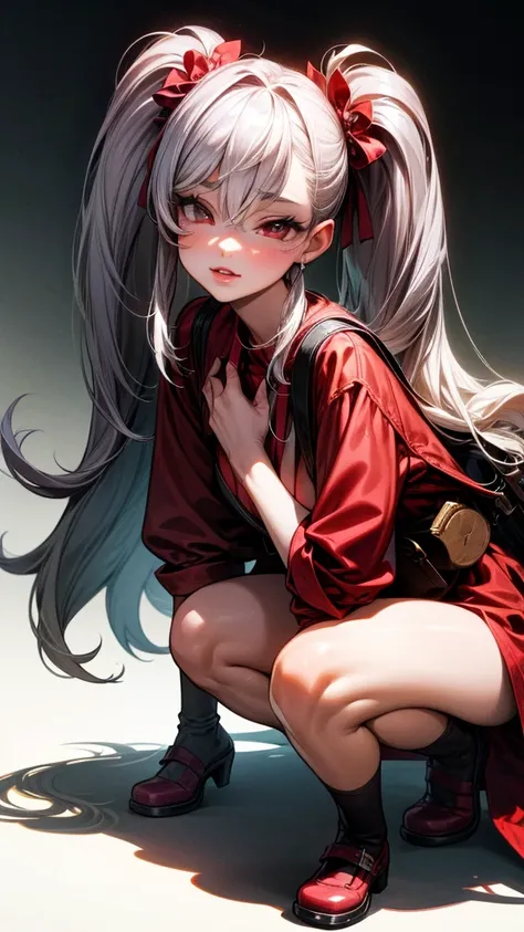 1 girl crouching, chest, long hair, looks at one woman, red eyes, とてもlong hair, twin tails, Ribbon Hair Accessory, masterpiece, long hair, Gray Hair,  maple, bangs between eyes, とてもlong hair, shiny hair,  natural perm, , 大きなchest,  Take a Closer Look, tsun...