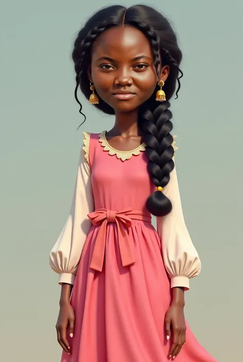  generate me an image . Une jeune fille de 20ans qui 65kg et 1m50 avec un teint ébène lisse caramel, A round, round face and slightly slanted eyes like Asians and braided Afro hair, portant une robe rose avec des petits motifs et des manches blanches. Behi...