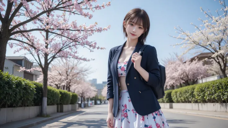 Sunny Morning、walking to school carrying a backpack、energetic high school girl wearing a navy blue blazer and pleated skirt、 clear blue sky 、Cherry blossoms along the road、Super Detail