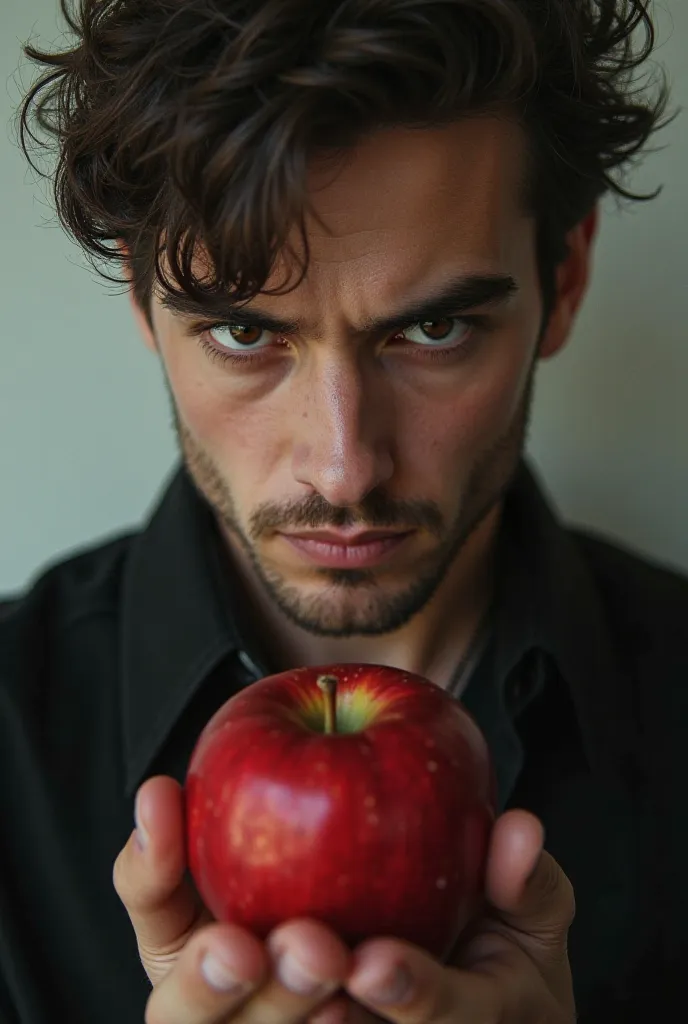 A very handsome young man who looks at a red apple with contempt.