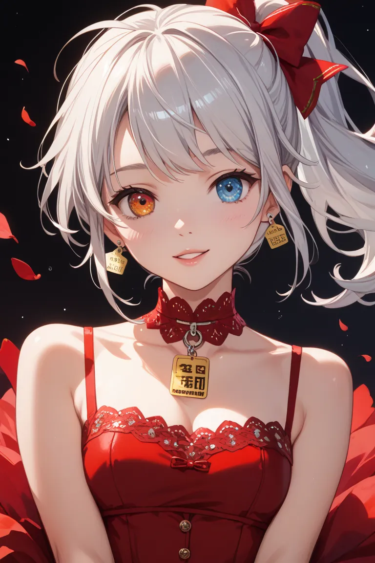 girls、human、 Silver Hair、ponytail、Right eye blue、The left eye is golden、Cold Face、red dress、anime style