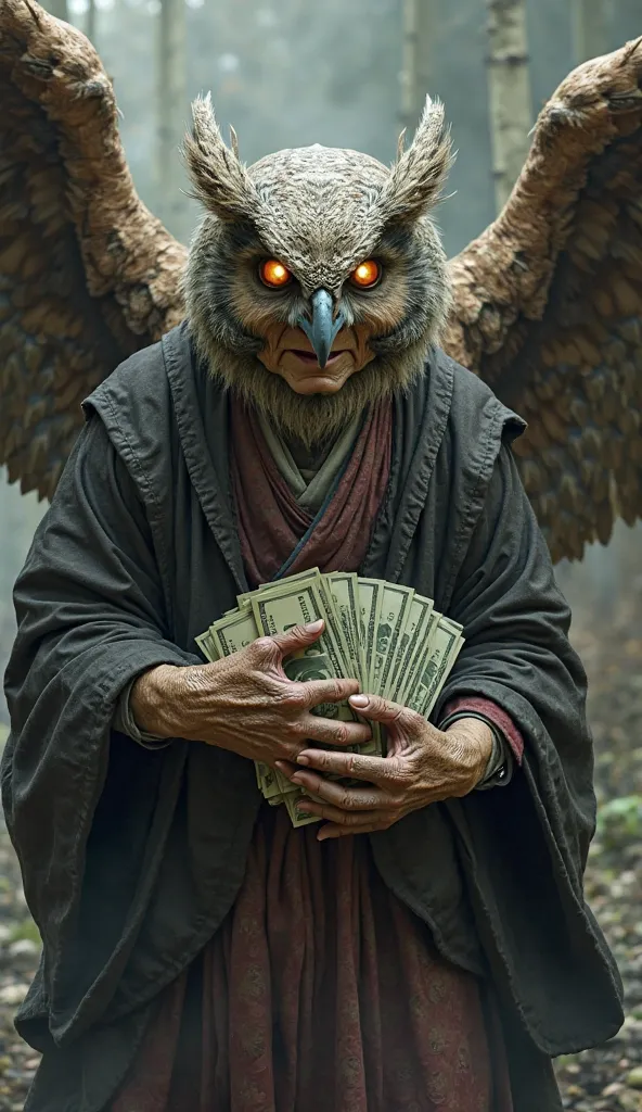 "A terrifying fusion of an elderly Japanese woman and a powerful owl creature. Her wrinkled face morphs into sharp, avian features, her eyes glowing with an eerie wisdom. Her frail body has transformed into a muscular, feathered form, with massive clawed h...