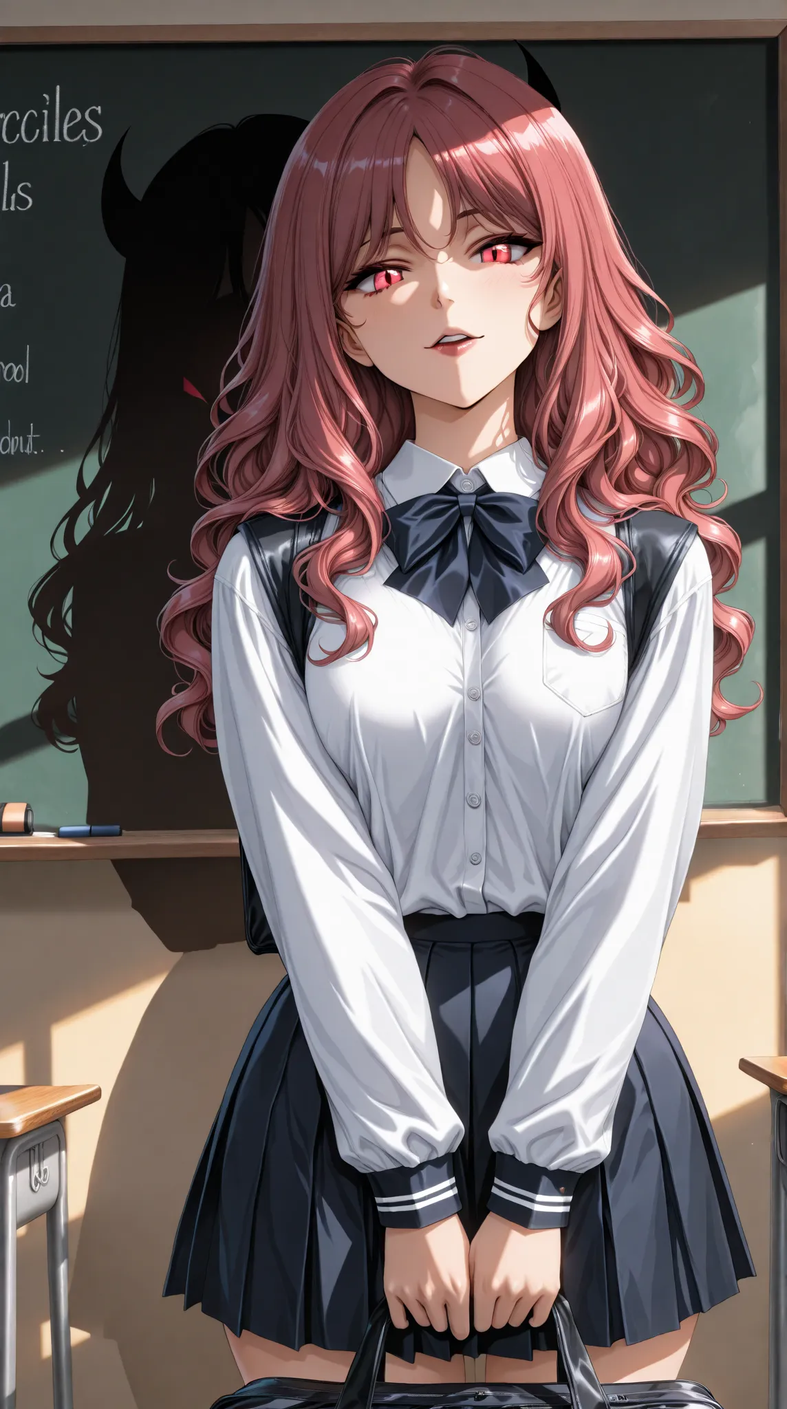 A beautiful and seductive female student, solo, (incredible high resolution, masterpiece, top quality, highly detailed, CG, high quality anime drawing), (school uniform, wavy hair, holding school bag), (classroom, introducing herself in front of the classr...