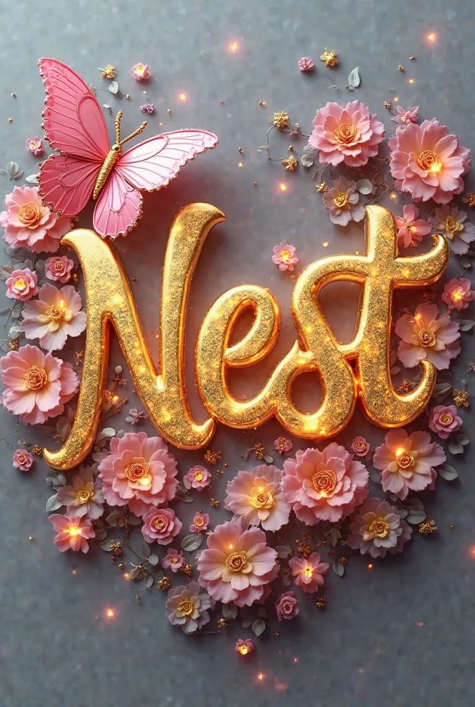 A captivating 3D rendering of the name "Nest crown" showcases an elegant, flowing font with hot gold letters that exude a lustrous sheen and golden edges. The mesmerizing design includes shimmering glows, intricate swirls, lit-up gold hearts of varying siz...