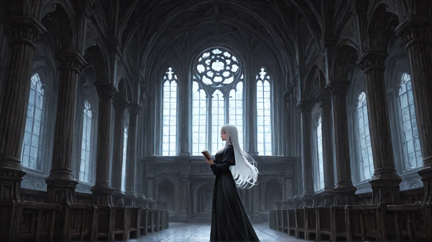  huge _very high resolution, high resolution, 걸작, recent, 1 female, side view, long hair, white hair,black clothes,  bangs,Middle Ages, Very grand temple interior background, arched windows, Marble , high ceiling, Large square, background center, Great Hal...