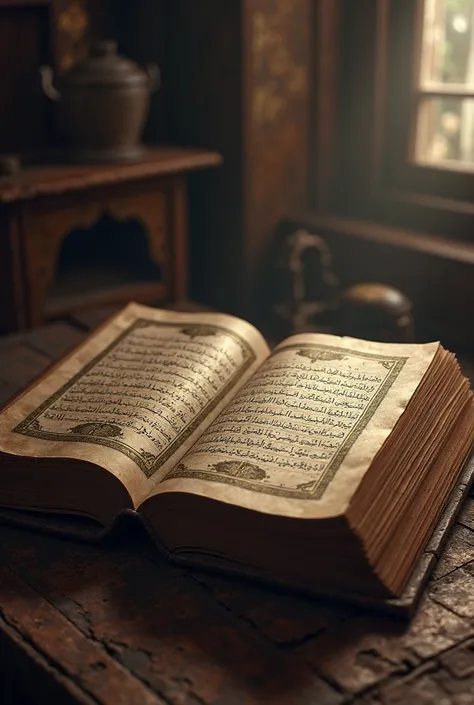 Realistic depiction of a room in 1545 with an old table. An open Koran lies on the old table. Arabic verses can be seen on the pages. It is a close-up of the Koran.