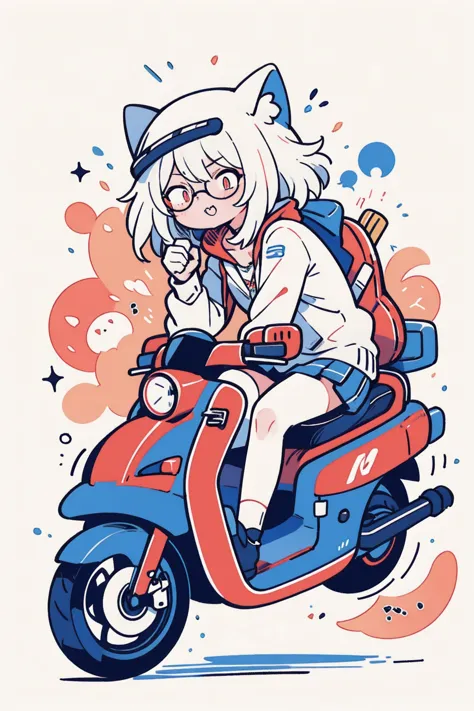 perfect anatomy, best quality, bad girl riding a scooter,  helmet, Bad Look，Glasses，sharp teeth, clenched teeth, closed mouth, gritted teeth,