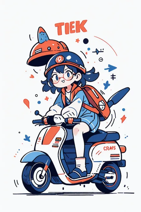 perfect anatomy, best quality, bad girl riding a scooter,  helmet, Bad Look，Glasses，sharp teeth, clenched teeth, closed mouth, gritted teeth,