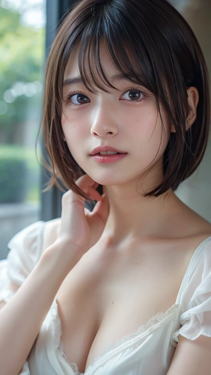 ( bob cut hair:1.2),( nightgown:1.2),1 girl, Japanese, 28 years old ,(small breasts:1.3),(Best Quality,masterpiece:1.3,super A high resolution,),(Ultra High Resolution,caustics),(Photorealistic:1.4,RAW shooting,)super realistic capture,very well detailed, ...