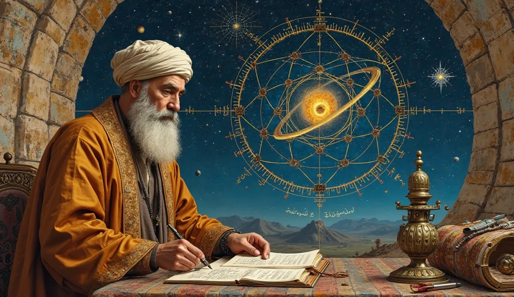 A detailed portrait of the 13th-century Islamic world's leading scientist, Nasīr al-Dīn Tūsī. He is seated in a study at the Maragheh Observatory, surrounded by star charts, astrolabes and complex geometric diagrams. He is wearing a traditional Seljuk-styl...