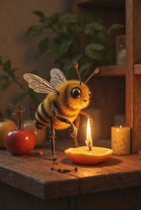 A bee with human characteristics and lighting a fruit-shaped candle 