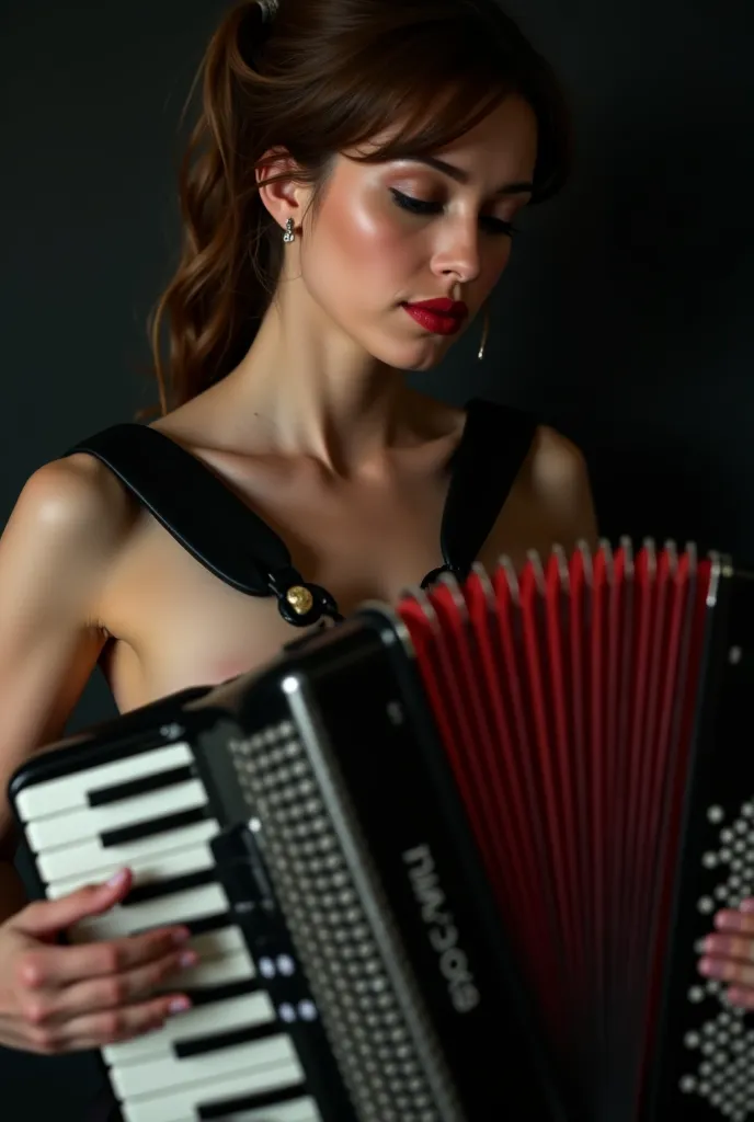 A naked girl with tits and a sensual look, Who plays the accordion in a passionate way, The bellows of the instrument must be wide open 