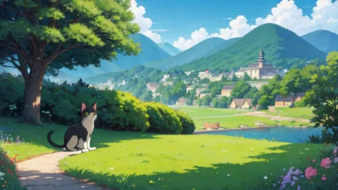 Ghibli style，landscape，One cat，wideshot，Ghibli styleイラスト，Detailed illustrations，High quality