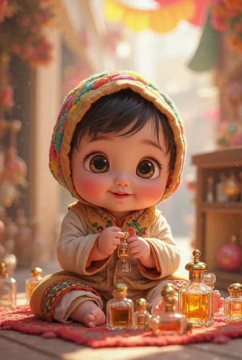 {
  "prompt": "An adorable 3-month-old baby girl in anime Masha style, with big sparkling brown eyes, chubby rosy cheeks, and a small tuft of curly dark hair peeking from under a tiny, colorful headscarf. Her skin has a warm, slightly tanned tone, giving h...