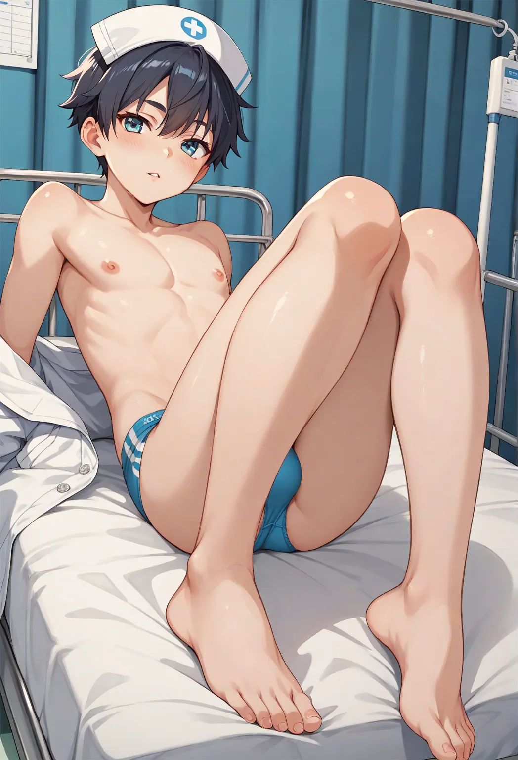 A very young Japanese boy, Sports Panties ,naked, Hospital background, Lie down on a hospital bed,Multiple medical devices are shown