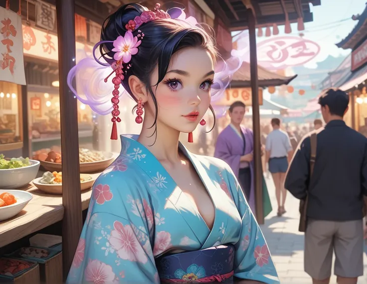 A young woman in an anime style, wearing a kimono-inspired outfit with loose, curtain-like fabric hanging over her chest in a 'chichi-noren' style, blending traditional Japanese elegance with modern erotic flair, standing in a bustling Edo-period street ma...