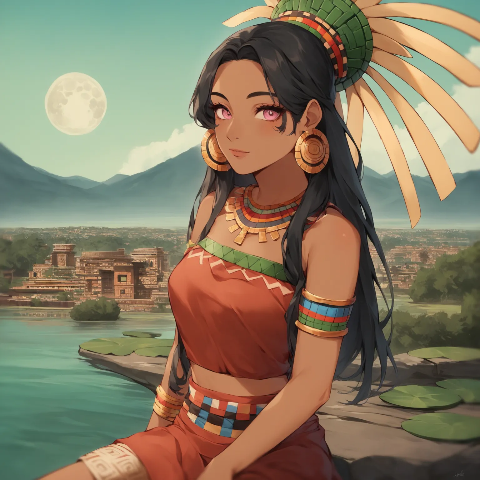 aztec girl, beautiful girl, adult girl, Incredible lake, fantastic view, beautiful landscape, moon, (aztec ornament:1.0), black hair, long hair, pink eyes, белая нагрудная повязка, красная юбка, red skirt,  human ears, в полный рост, light blush, (nice fac...