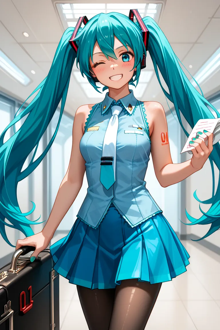 (best quality),(masterpiece),(high resolution), detailed hair, detailed clothes , Alone , woman , Hatsune Miku ,  turquoise hair  , twin tails ,  create a perfect body line  , red 01 tattoo on one upper arm ,  exact finger , Light effects , Hatsune Miku , ...