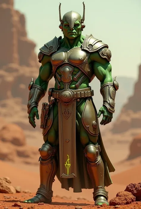 martian with green skin wearing futuristic roman themed armor