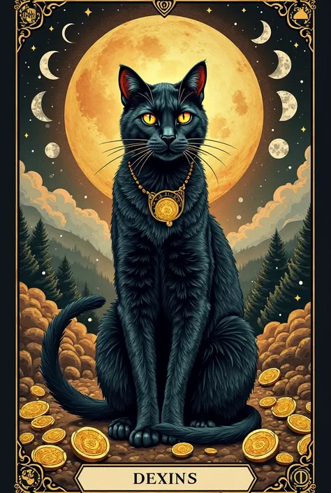 tattoo design: design; Phases of the moon; A black cat, , gold coins,   Jupiter symbol,  Color Image , VINTAGE, GRAPHIC DESIGN IMITATING THE CONCEPT OF THE EMPRESS LETTER