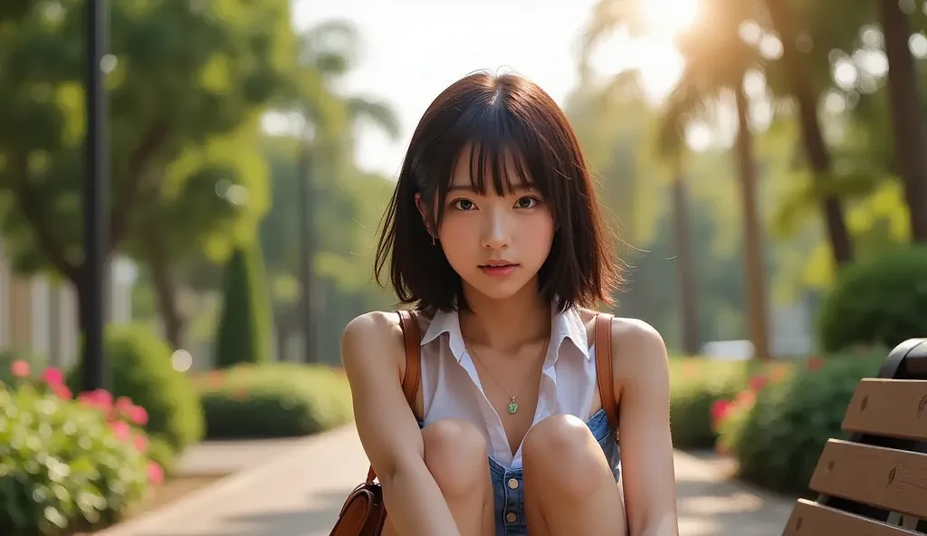 Realistic girl, short tomboy hair, ideal anatomy, Bright, sexy, sits on a bench, There is a handbag nearby, Small Path, von Park Where People Relax with Green Grass and Beautiful Plants, flower beds, Pleasant Gentle Wind, Develops Her Hair, Very Beautiful ...