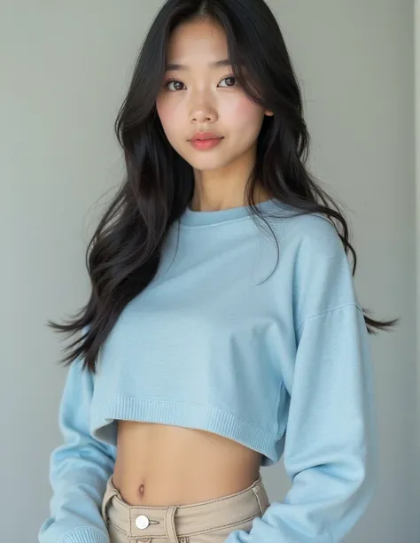 A young and beautiful Asian woman, around 18 years old, with long, sleek black hair and white skin like an Asian. She has a soft yet radiant complexion, delicate facial features, and a youthful glow. Her almond-shaped eyes are expressive, with a natural wa...