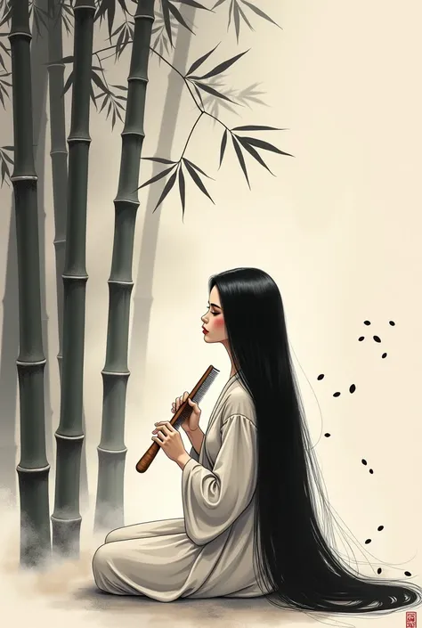 In ink painting，A woman holding a wooden comb，combing black shiny long hair，A few black sesame seeds floating in the picture，against a background of bamboo forest and morning mist。