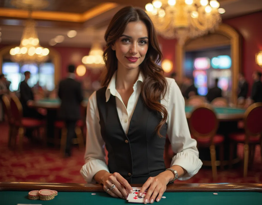 A woman that is working on casino. Holding a card looking at a camera