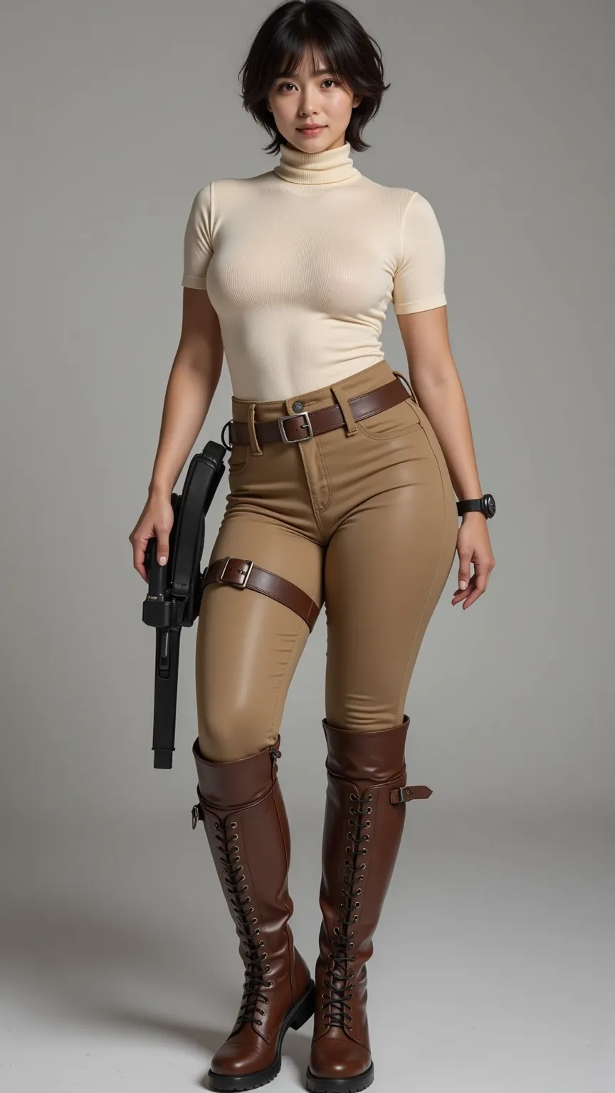 Beautiful giant French young woman，A bird that is 3 meters tall 。vertical viewing angle，Short hair with small volume curls,( strong body:1.5) ,( actual tanned skin texture :1.5) ,Doomsday Gradient Battlegrounds ,  High Detailed Soldier Boots  , With zipper...