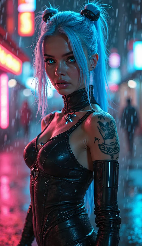 
"A hyper-realistic cyberpunk woman with glowing neon tattoos, silver-blue hair, and piercing ice-blue eyes. She wears a tight, futuristic black bodysuit with cybernetic enhancements and LED-lit details. The background is a neon-lit cityscape with rain-soa...