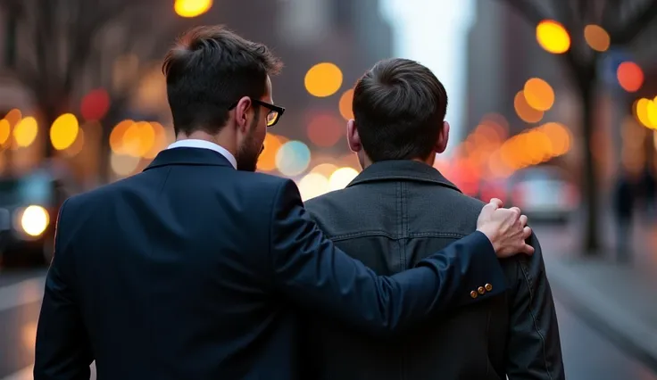 The two brothers, one in a suit and the other in ragged clothes, stand side by side on the city sidewalk. The businessman clasps his brother’s shoulder with a comforting hand, while the homeless man looks both nervous and hopeful. The city lights glow behi...