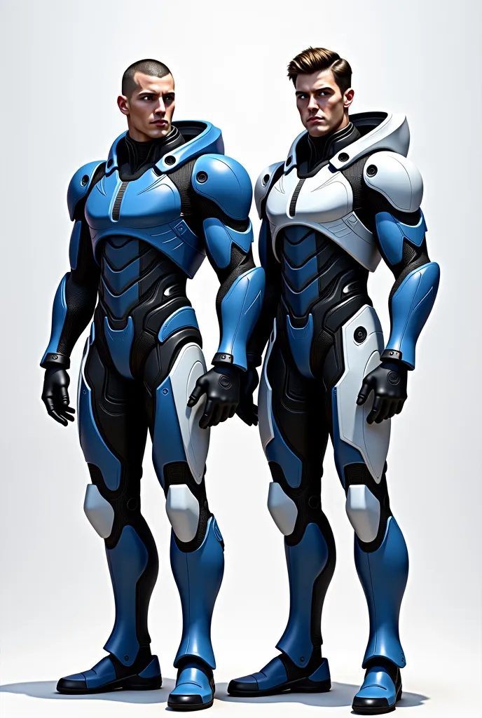 a couple of men in futuristic armor standing next to each other, concept art inspired by Eve Ryder, trending on deviantart, conceptual art, expert high detail concept art, turian, blue and ice silver color armor, mass effect concept art, game character con...