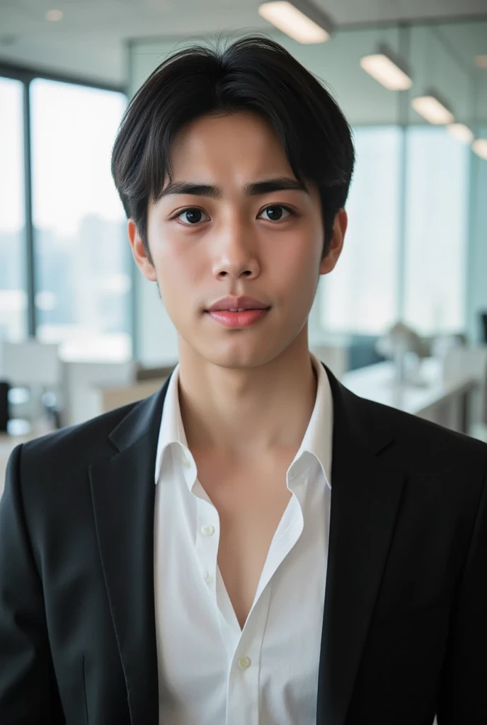   (photorealism:1.2), Handsome japanese man, 22-27 year-old, Model,    wear a tailored shiny white formal shirt, Top button down loose ,  fitted charcoal grey trousers , Sweat, Unbutton your shirt, background is office, smile, sexy