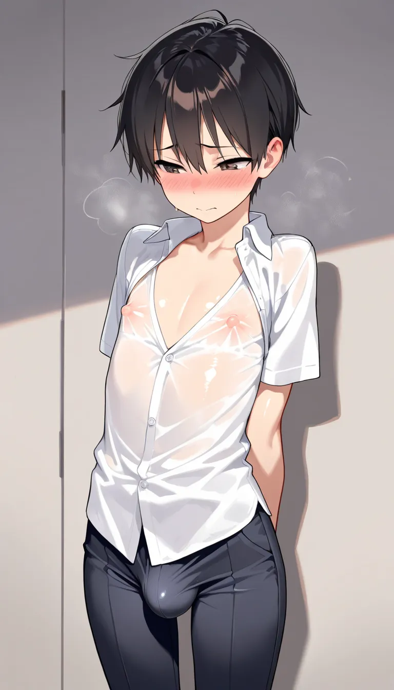 ((best quality)), ((Masterpiece)), (Details), 1man, solo, black short hair, (((male))), flat chest, slender, gleaming skin, school uniform, white shirt, pants, erect nipples, bulge, aroused, in heat, embarrassed, nsfw