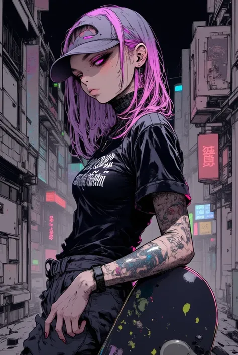 American comic style, illustration, girl, street fashion, dance style, dance, cute, skateboard, street, high detail, Dark expression, pale face, high resolution, flashy makeup, hard touch illustration, strong outline, front face, black&purple wear, street ...