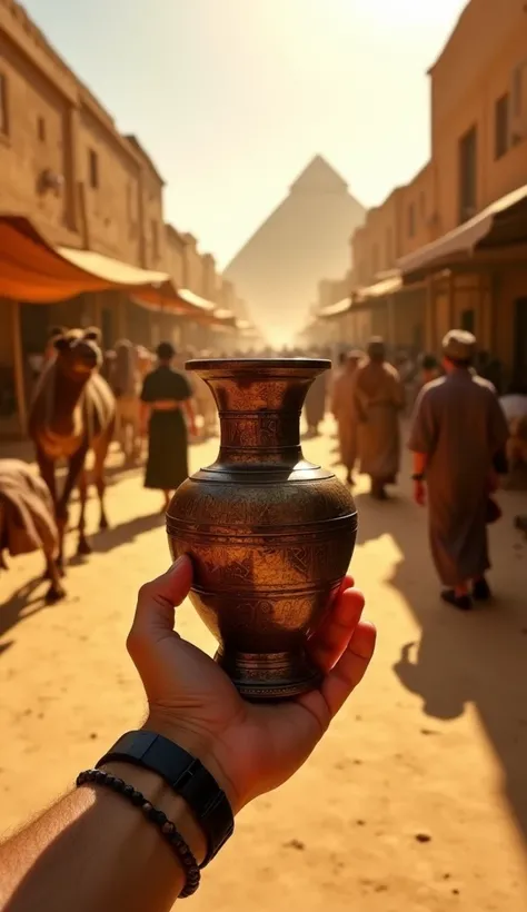  First-person showing hands, holding an ornate Egyptian vase while walking down a busy Memphis street, Ancient Egypt. In the background, merchants trade spices and fabrics, camels rest under straw awnings, and the Pyramids of Giza are visible on the horizo...