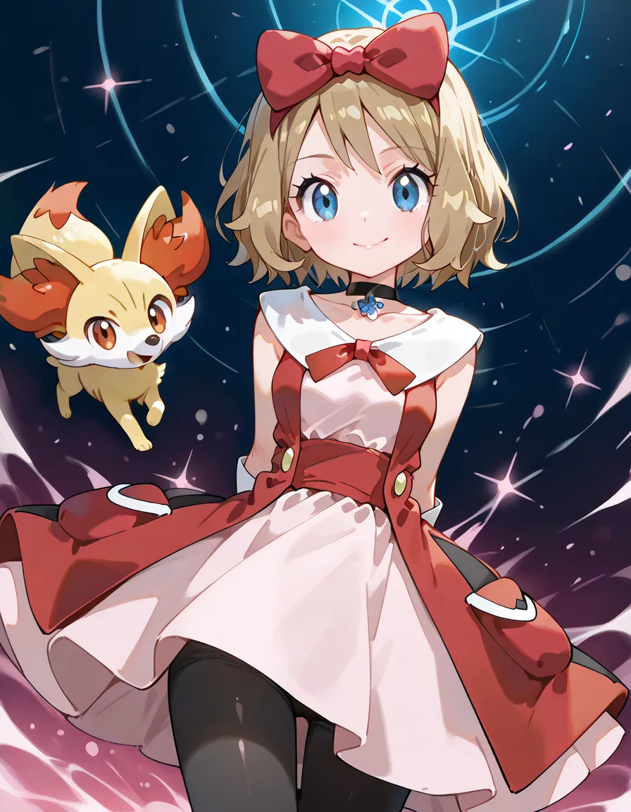 (dynamic angle,dynamic pose:1.3),(looking at viewer),arms behind back,with Fennekin(Pokemon):1.2,14years old,natural cosmetic, 1girl , serena \(Pokemon\), short hair, blonde hair, blue eyes, eyelashes
hair bow, black choker, dress, collarbone, white gloves...