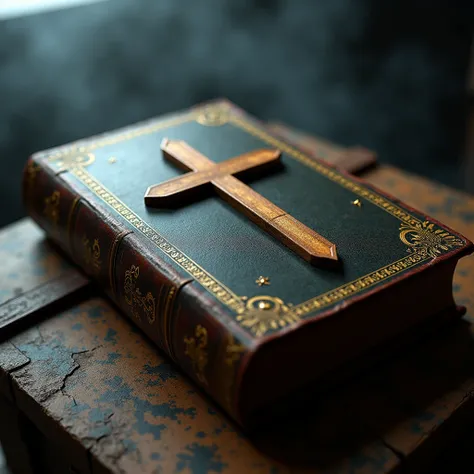 A book with the word Bible, and a cross, cinematic, highly detailed, 