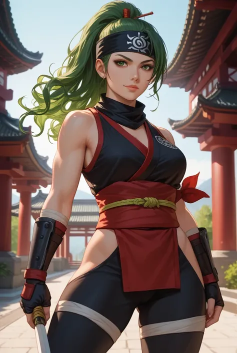 Woman with black and green hair wearing ninja clothes and bandana wearing a sexy outfit and green and black hair wearing a samurai ninja outfit for a sexy girl 